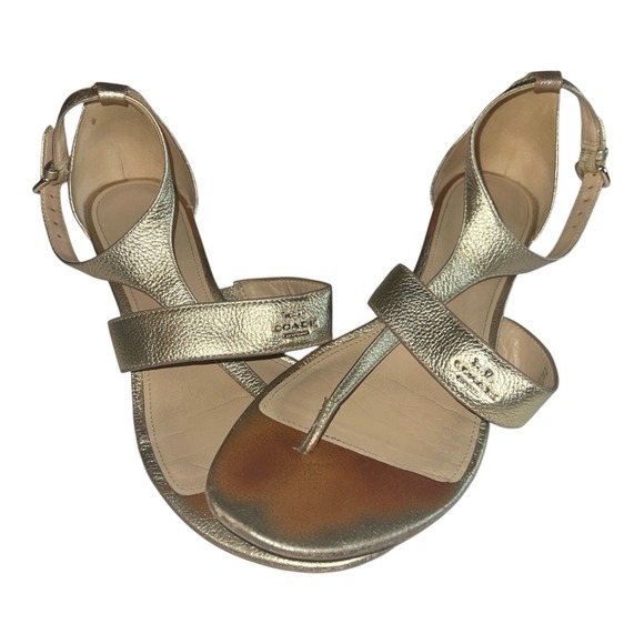 COACH Vienna Metallic Gold Tumbled Sandal Size 8.5 Trendy Shoe Luxury Logo - Picture 1 of 12